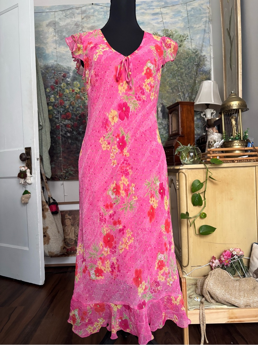 Bright Pink Floral Maxi Dress with Ruffle Hem